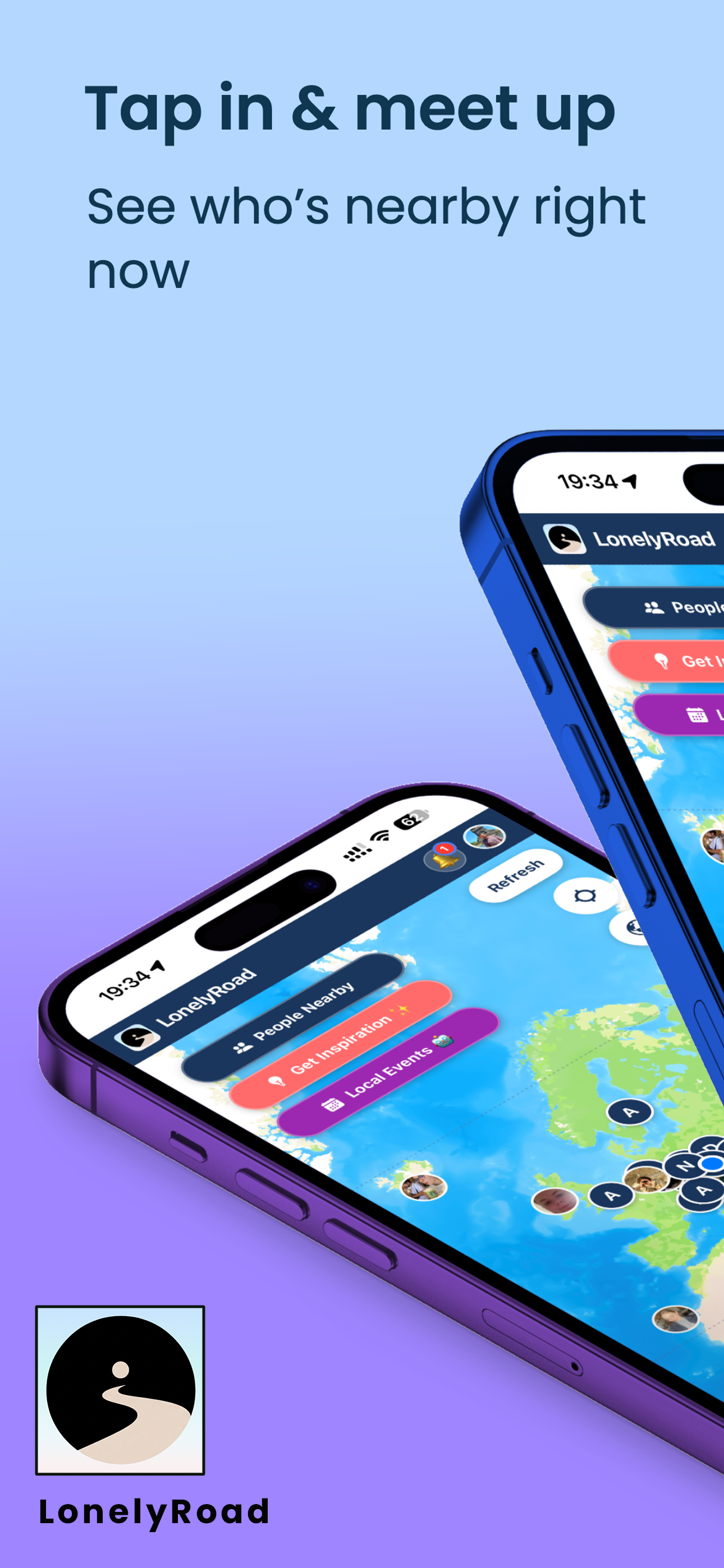 LonelyRoad App Screenshot - Tap in & meet up with nearby travelers