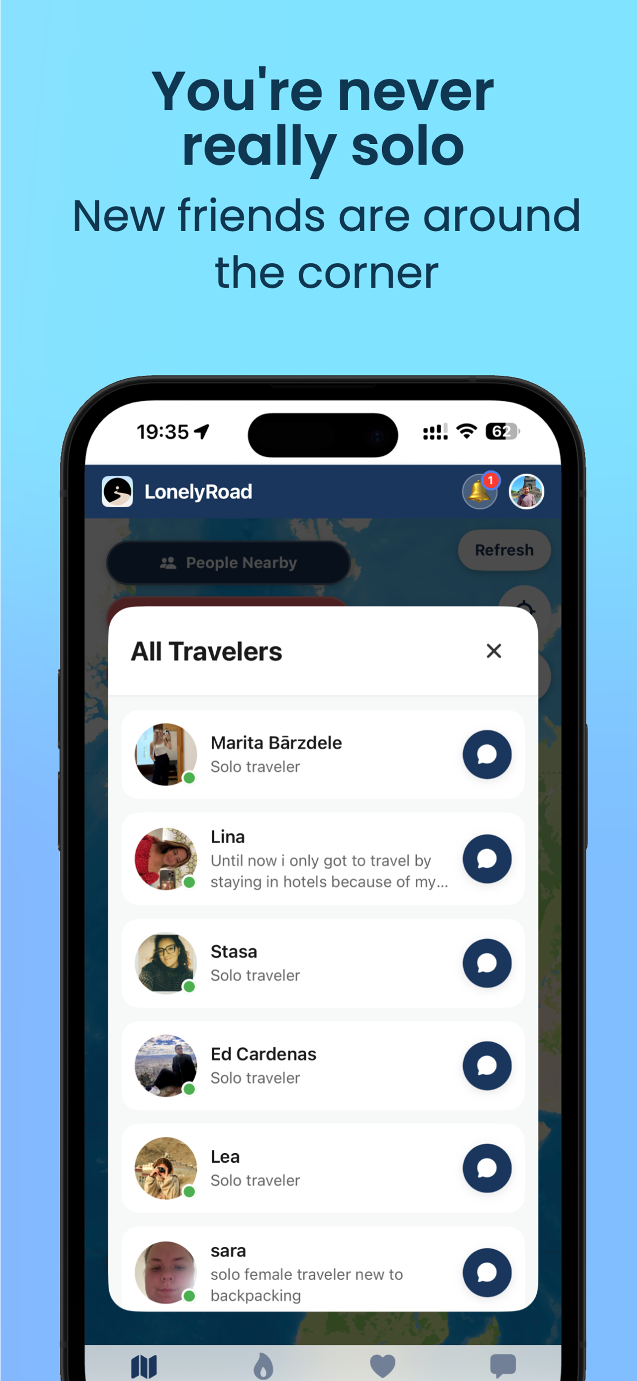 LonelyRoad App - Meet Like-Minded Solo Travelers Screen