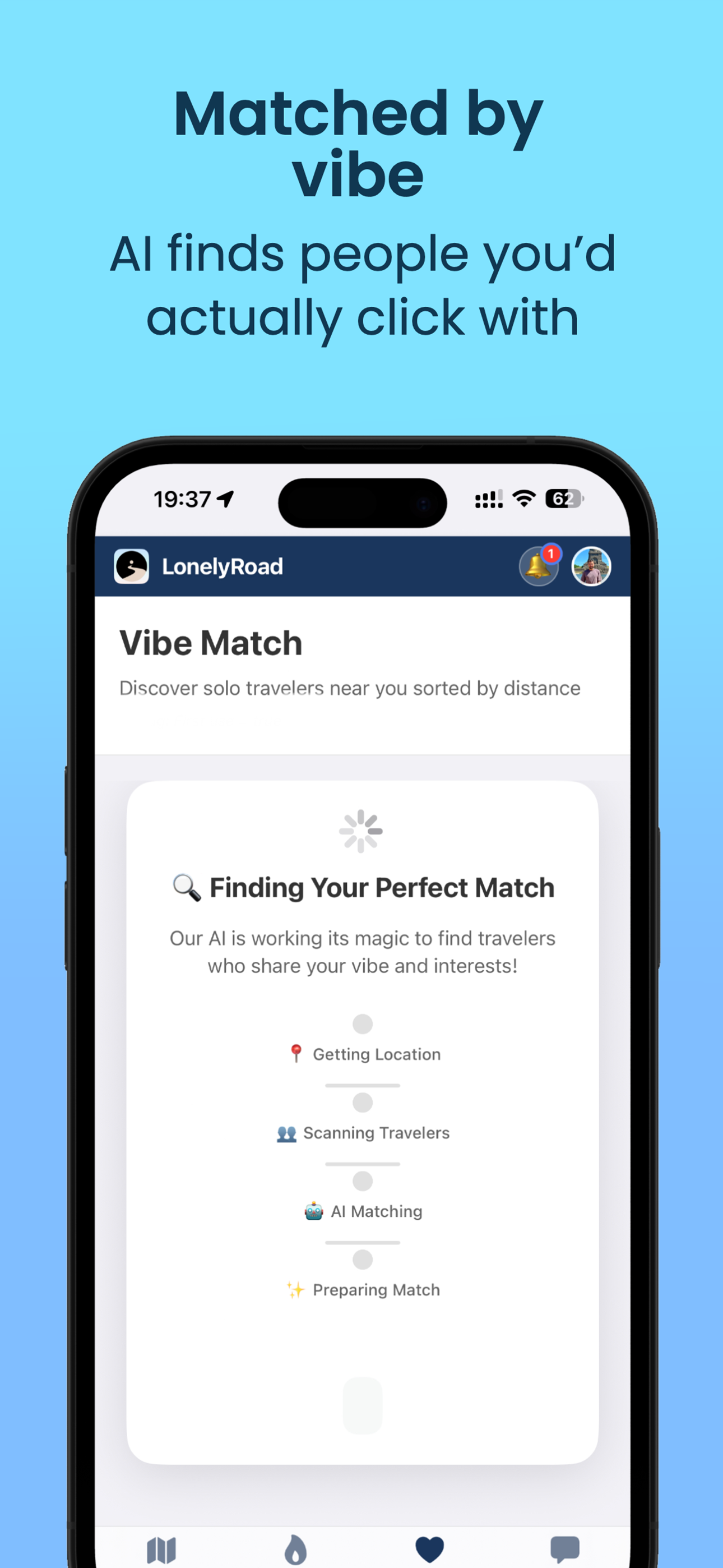 LonelyRoad App - AI-Powered Traveler Matching Feature